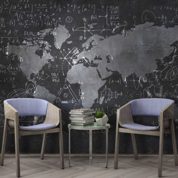 Quadro de giz com um mapa e equações matemáticas Papel de parede Quadro de giz com um mapa e equações matemáticas