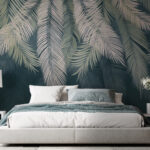 Papel de parede Fundo com padrão de folhas de palmeira tropical.