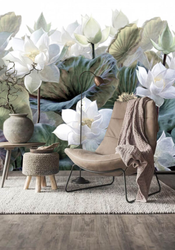 Flores de lótus entre folhas verdes exuberantes Papel de parede Flores de lótus entre folhas verdes exuberantes