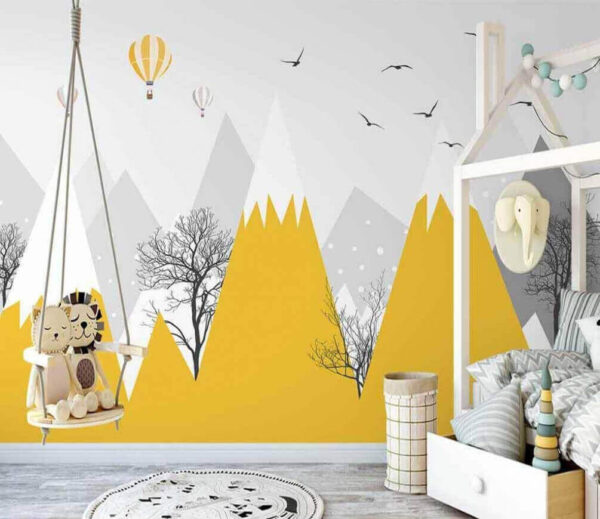 Papel de parede Papel de parede Montanhas amarelas com árvores e pássaros (REF: u47807)