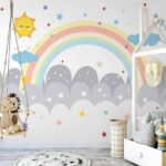 Papel de parede Arco-íris e nuvens com sol e estrelas