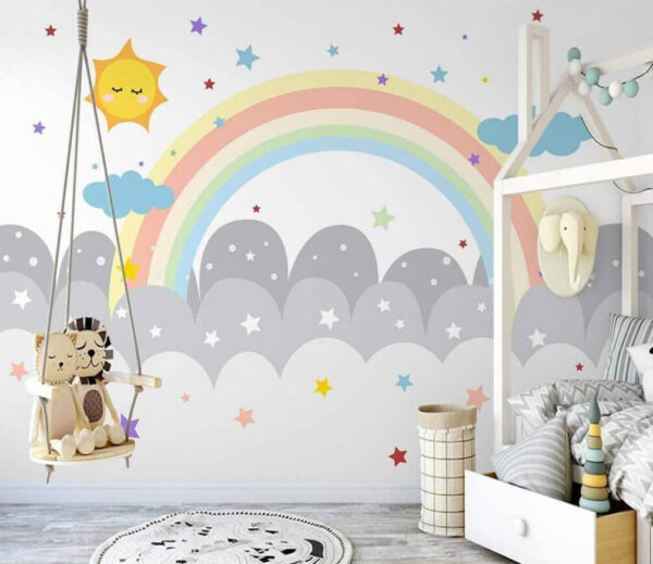 Arco-íris e nuvens com sol e estrelas Papel de parede Arco-íris e nuvens com sol e estrelas