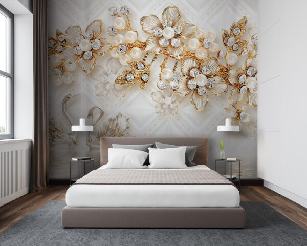 Papel de parede com cisnes e flores Papel de parede Papel de parede com cisnes e flores