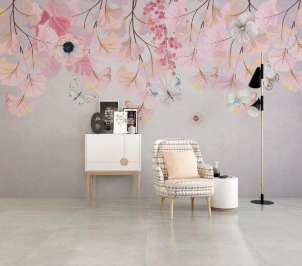 Pintura de flores e borboletas Papel de parede Pintura de flores e borboletas