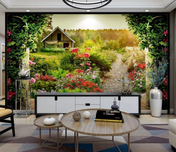 Jardim com flores e uma casa Papel de parede Jardim com flores e uma casa