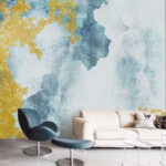 Papel de parede Padrão abstrato de remoinhos em azul-petróleo e amarelo.