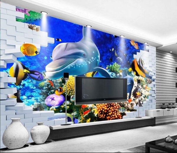 Mural de um peixe e golfinhos Papel de parede Mural de um peixe e golfinhos