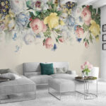 Papel de parede Flores delicadas com borboletas coloridas.