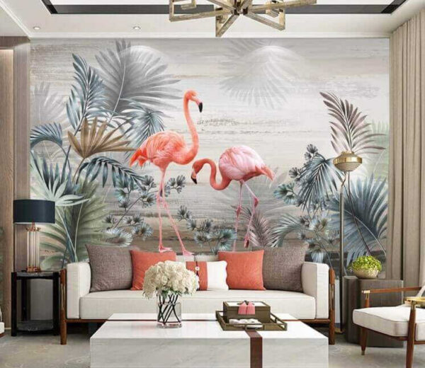 Flamingos entre folhagens tropicais Papel de parede Flamingos entre folhagens tropicais