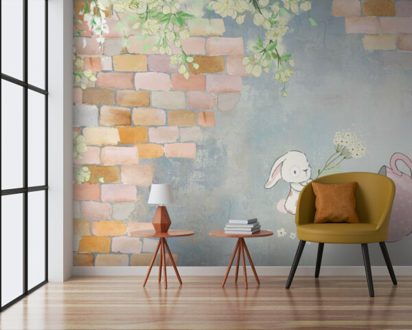 Coelho em desenho animado e uma casa com flores Papel de parede Coelho em desenho animado e uma casa com flores