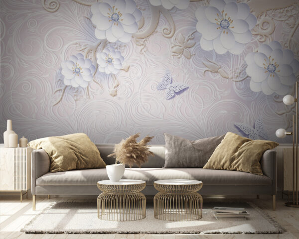 Papel de parede com flores brancas e borboletas Papel de parede Papel de parede com flores brancas e borboletas