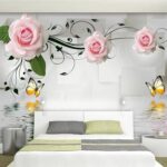 Papel de parede Rosas e borboletas junto à água.