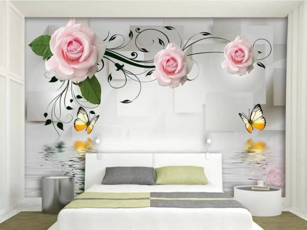 Rosas e borboletas junto à água Papel de parede Rosas e borboletas junto à água