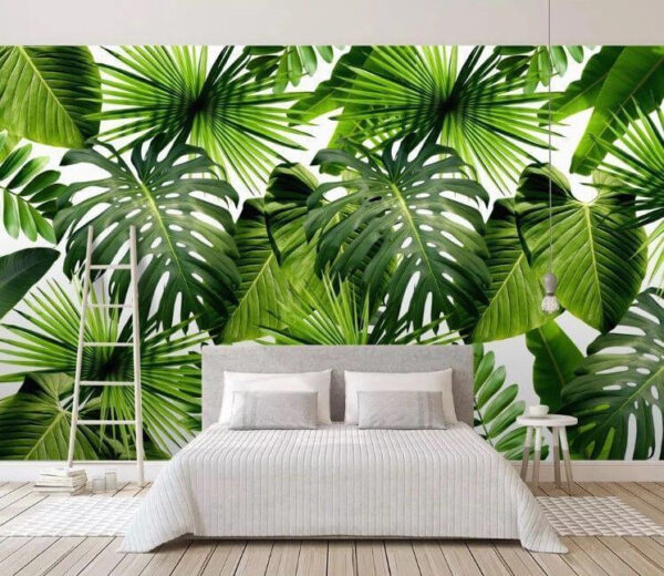 Padrão exuberante de folhas tropicais verdes Papel de parede Padrão exuberante de folhas tropicais verdes