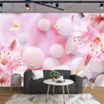 Papel de parede Flores cor-de-rosa e borboletas