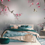 Papel de parede Pássaros e flores sobre águas tranquilas.
