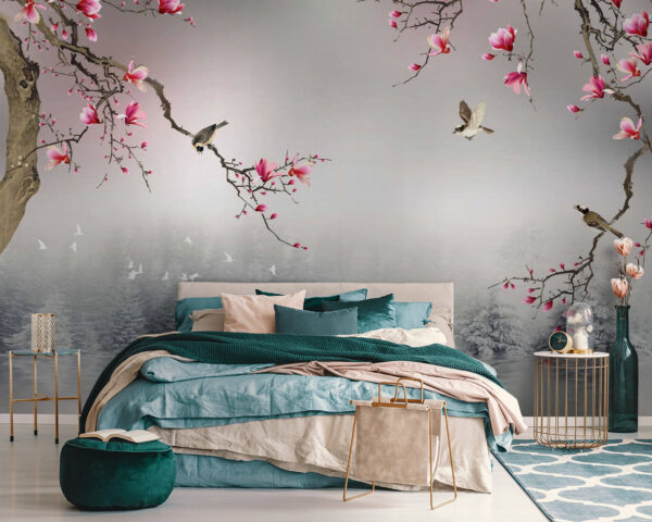 Pássaros e flores sobre águas tranquilas Papel de parede Pássaros e flores sobre águas tranquilas