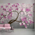 Papel de parede Árvore com flores cor-de-rosa e brancas