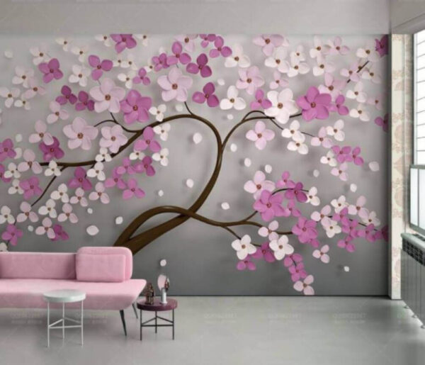 Papel de parede Papel de parede Árvore com flores cor-de-rosa e brancas (REF: u36709)