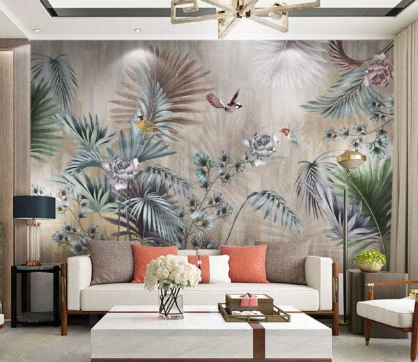 Os pássaros esvoaçam entre a folhagem tropical Papel de parede Os pássaros esvoaçam entre a folhagem tropical