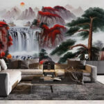 Papel de parede Pintura de uma cascata e de pássaros