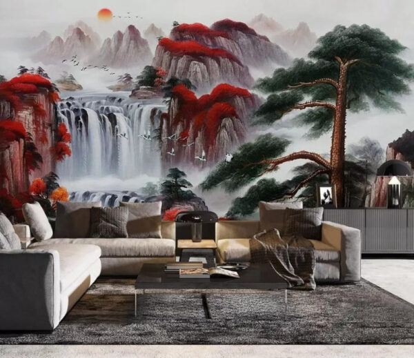 Pintura de uma cascata e de pássaros Papel de parede Pintura de uma cascata e de pássaros