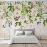 Papel de parede Pintura de flores brancas e borboletas