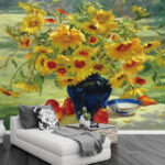 Papel de parede Pintura de um vaso com flores amarelas e frutos