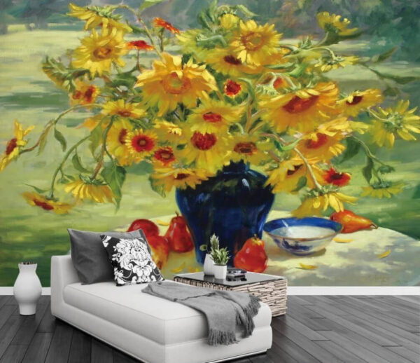 Pintura de um vaso com flores amarelas e frutos Papel de parede Pintura de um vaso com flores amarelas e frutos