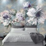 Papel de parede Pintura de flores sobre um fundo azul