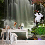 Papel de parede Cascata com pássaros e peixes