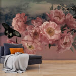 Papel de parede Borboleta a voar sobre um ramo de flores cor-de-rosa