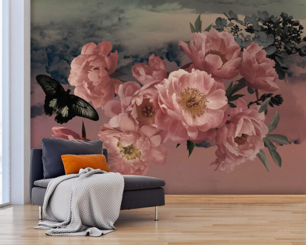 Borboleta a voar sobre um ramo de flores cor-de-rosa Papel de parede Borboleta a voar sobre um ramo de flores cor-de-rosa
