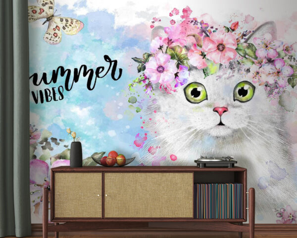 Papel de parede Gato com flores na cabeça