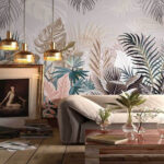 Papel de parede Folhas tropicais em tons suaves.