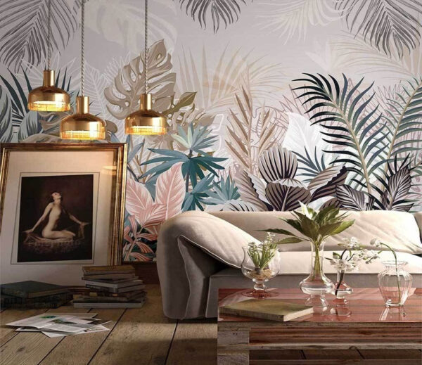 Folhas tropicais em tons suaves Papel de parede Folhas tropicais em tons suaves