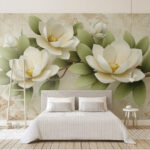 Papel de parede Flores elegantes com folhas verdes.