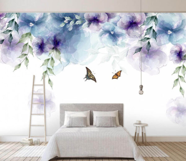 Borboleta e flores com folhas Papel de parede Borboleta e flores com folhas