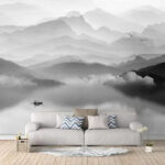 Papel de parede Barco num lago com montanhas ao fundo