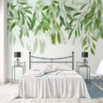 Papel de parede Pintura de folhas e borboletas