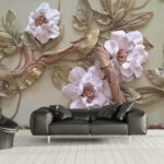 Papel de parede Decoração de parede com flores e folhas