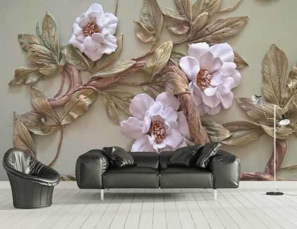 Decoração de parede com flores e folhas Papel de parede Decoração de parede com flores e folhas