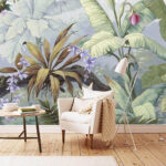 Papel de parede Folhagem tropical exuberante e flores vivas