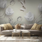 Papel de parede Flores brancas e borboletas