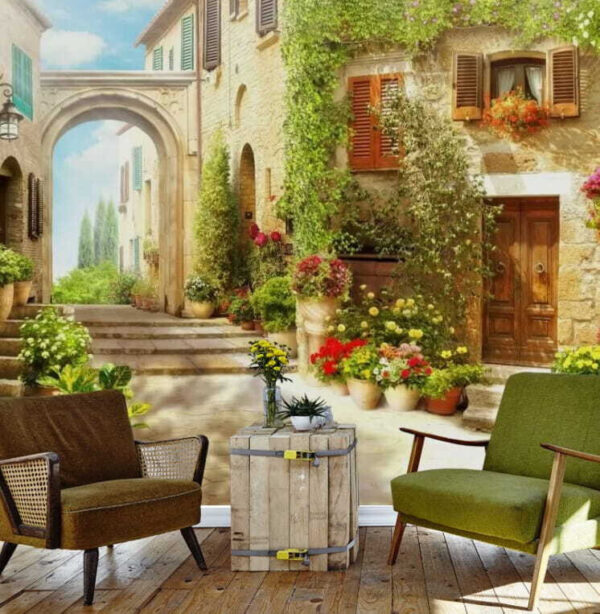 Rua encantadora com flores vibrantes Papel de parede Rua encantadora com flores vibrantes