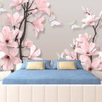 Papel de parede Flores cor-de-rosa e borboletas numa árvore