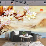 Papel de parede Pintura de um ramo com flores e montanhas no fundo