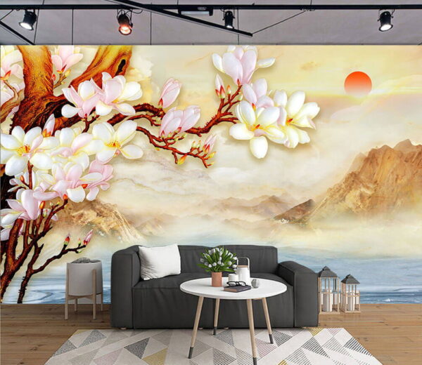 Pintura de um ramo com flores e montanhas no fundo Papel de parede Pintura de um ramo com flores e montanhas no fundo