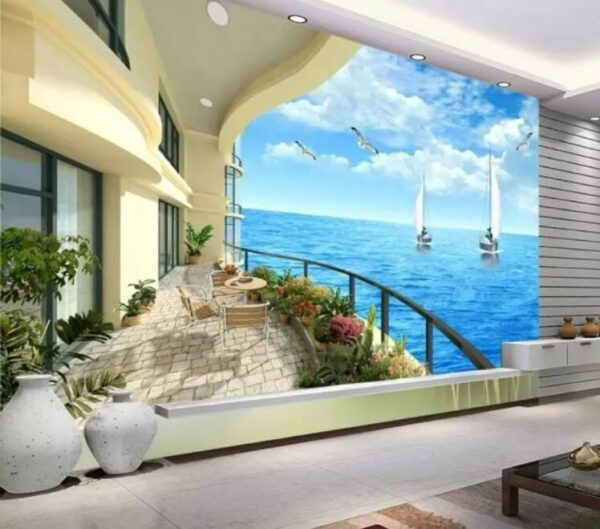 Papel de parede Varanda com vista para o mar e para os barcos (REF: u24942) Papel de parede Papel de parede Varanda com vista para o mar e para os barcos (REF: u24942)