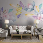 Papel de parede Pássaros em aguarela sobre flores em tons pastel.